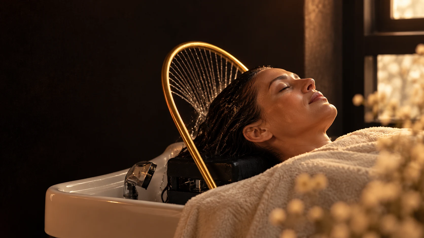 A woman relaxing at the wash basin in a Head Spa setting